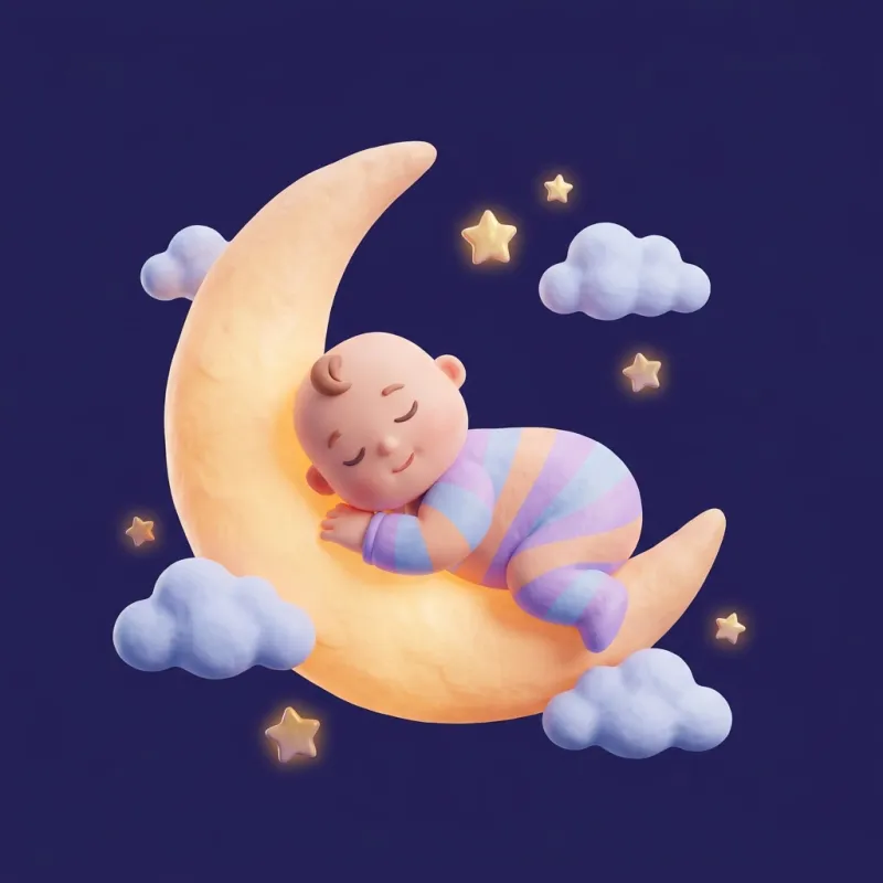 A sleeping baby curled up on a glowing crescent moon among soft clouds and stars