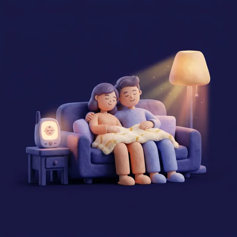 Two relaxed parents resting on a sofa beside a baby monitor and a warm lamp
