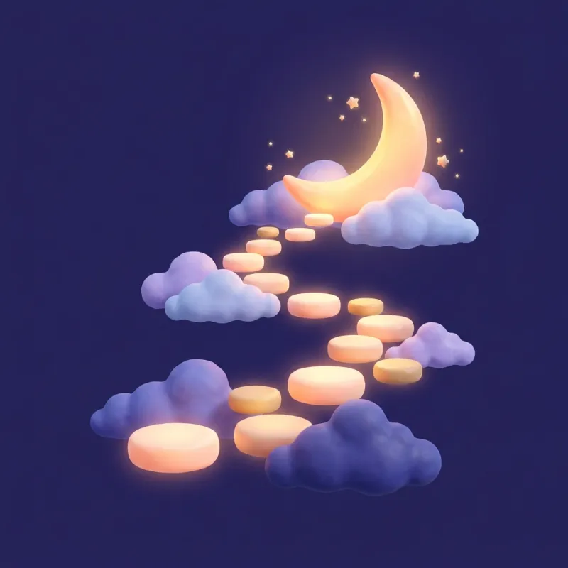 Glowing stepping stones winding through clouds up to a crescent moon