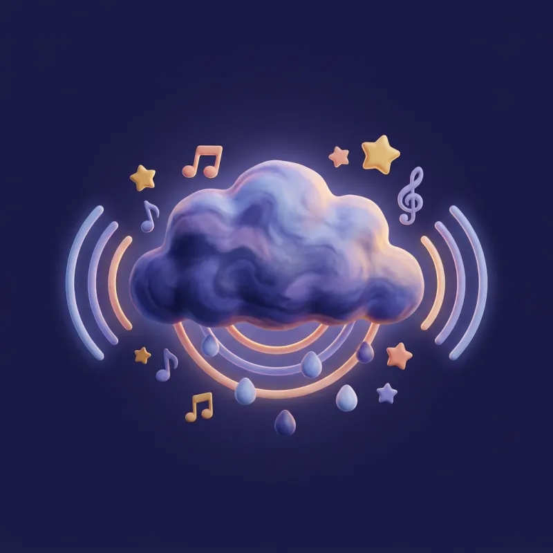 A soft cloud surrounded by sound waves, music notes and stars